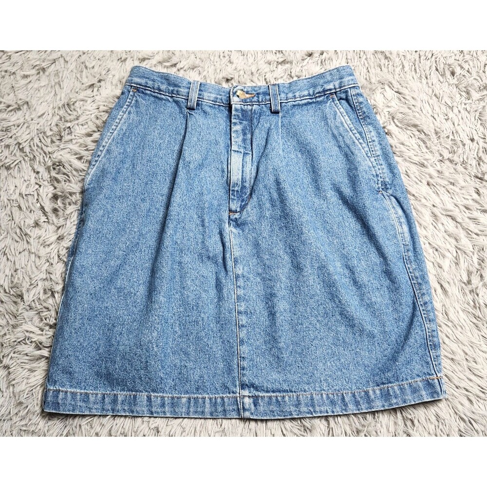 Vintage Eddie Bauer Denim Jean Skirt Womens Size 10 Modest Pockets Slit In Back